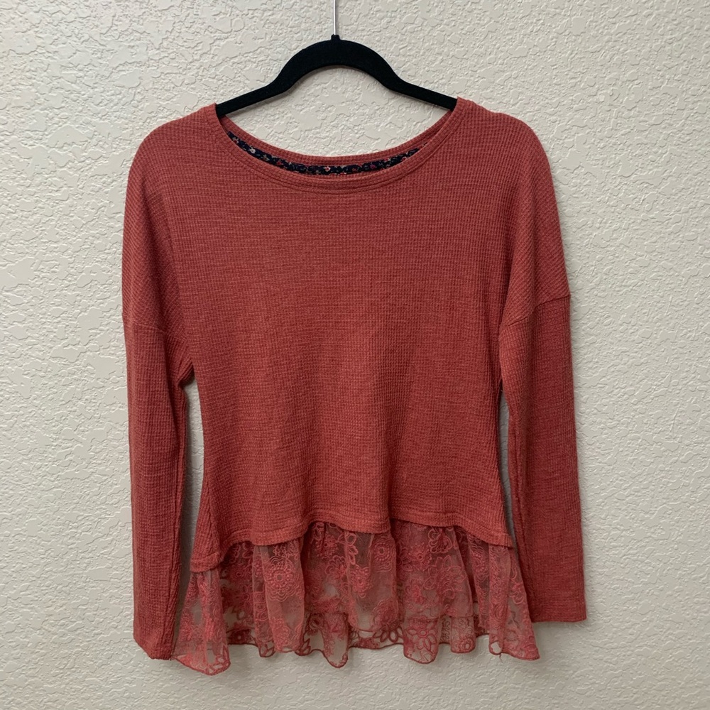 Coral long sleeve top lace trim